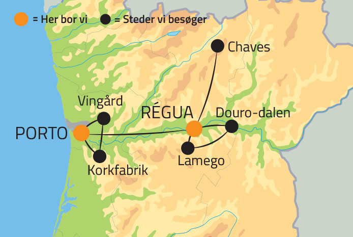 Kort over rejsen Porto og douro-dalens herligheder